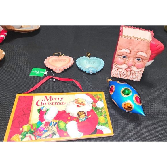 Vintage Christmas Decor Set Santa Plaque Santa Votive Holder Blue Jewelled Ornam - Picture 1 of 13